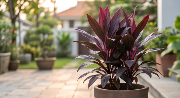 Chậu cây huyết dụ lá đỏ tía rực rỡ dưới nắng đặt trước sân hiên cho tuổi Bính Dần