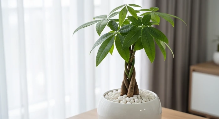 Cây kim ngân tết bím xanh tốt được trồng trong chậu sứ trắng có rải lớp sỏi trắng trên mặt đất