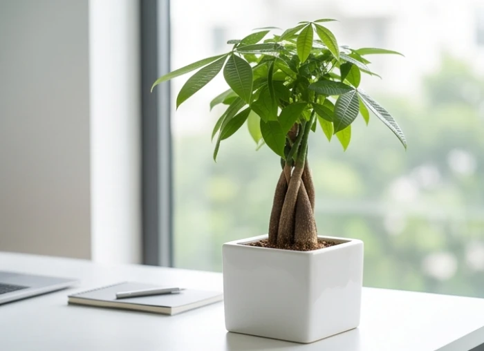 Chậu cây Kim Ngân thân bện xoắn gọn gàng trồng trong chậu gốm sứ màu trắng vuông vức đặt trên bàn