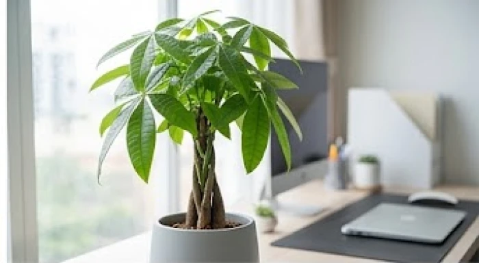 Chậu cây kim ngân mini có tán lá xanh tốt bện thân đẹp mắt đặt trên bàn làm việc