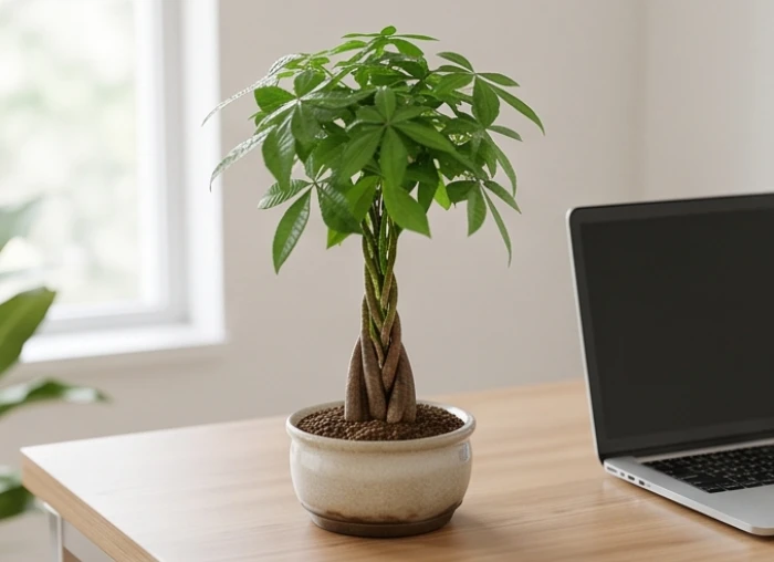 Chậu cây kim ngân thắt bím xoắn cao 30cm trồng đất tơi xốp đặt trên bàn làm việc hiện đại cho người mệnh Hỏa