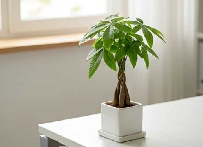 Chậu cây Kim Ngân mini để bàn có phần thân tết xoắn vững chắc cùng tán lá xanh tươi trên góc bàn làm việc