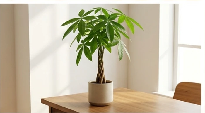 Chậu cây kim ngân lá to xanh mướt được đặt khéo léo ở góc bàn làm việc ngập tràn ánh sáng