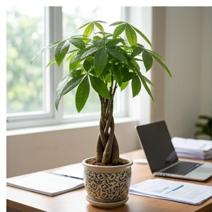 Chậu cây Kim Ngân tết bím xanh mướt đặt trên bàn làm việc tượng trưng cho sự vững vàng tài chính