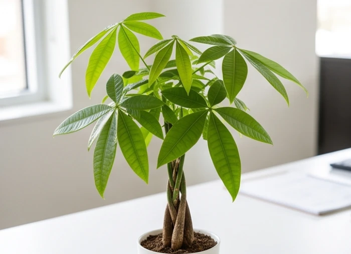Cây kim ngân mini nổi bật với phần thân xoắn tết vươn lên cùng những cụm lá xòe năm nhánh