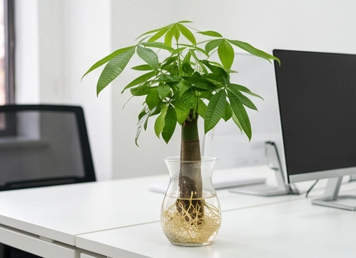Chậu cây kim ngân thủy sinh xanh tốt trên bàn làm việc gia tăng sinh khí cho sự nghiệp tuổi ngọ