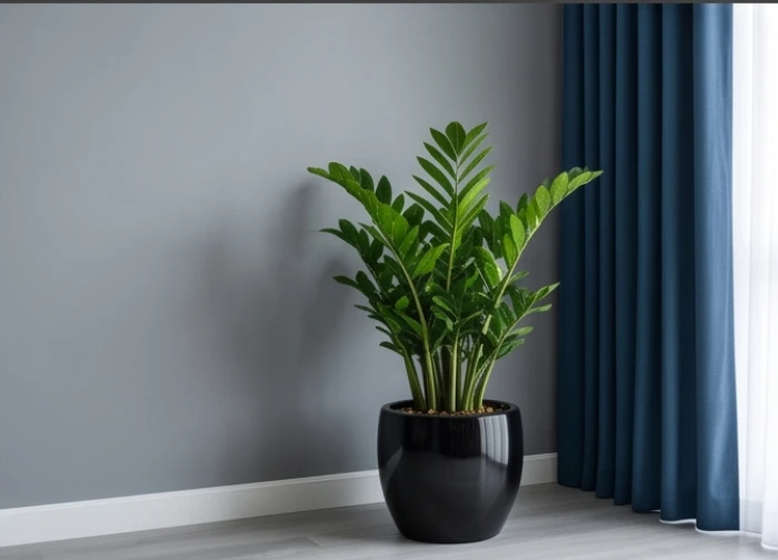 Chậu cây kim tiền màu đen và rèm cửa xanh biển trong phòng khách sơn xám hóa giải xung khắc cho gia chủ tuổi nhâm tý