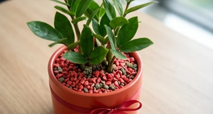 Chậu cây kim tiền gốm đỏ rải lớp sỏi trang trí màu đỏ trên bề mặt đất đặt góc trái bàn làm việc