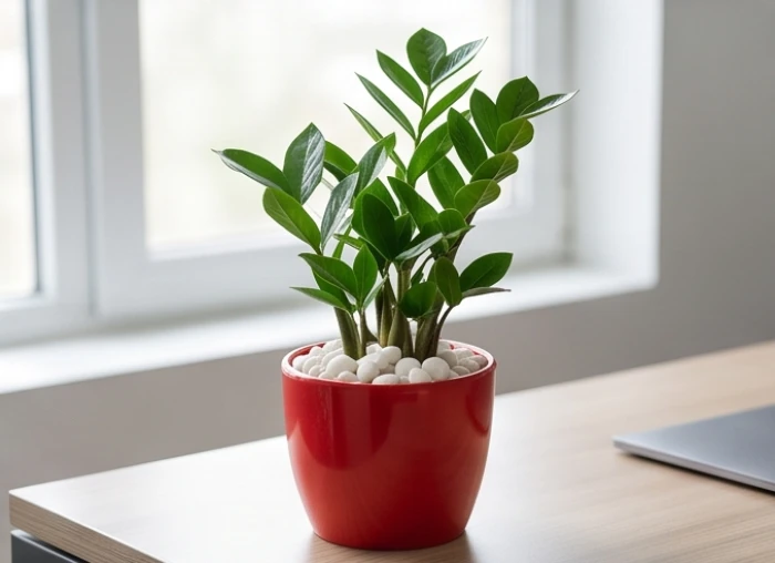 Chậu cây kim tiền xanh bóng được trồng cẩn thận trong một chiếc chậu sứ màu đỏ rực rỡ và phủ lớp sỏi trắng trên mặt đất