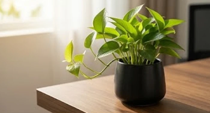 Chậu cây kim tiền trồng trong chậu sứ đen đặt tại góc Đông Nam bàn làm việc kích tài lộc