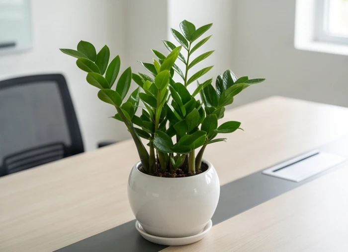Chậu sứ trắng tráng men trồng cây kim tiền xanh bóng vươn cao trên góc làm việc văn phòng cho người Tân Hợi mệnh Kim