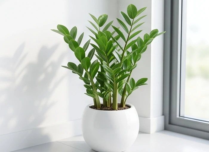 Chậu cây kim tiền lá xanh mướt và thân củ mập mạp trồng trong chậu sứ trắng tròn dành cho người mệnh Thủy