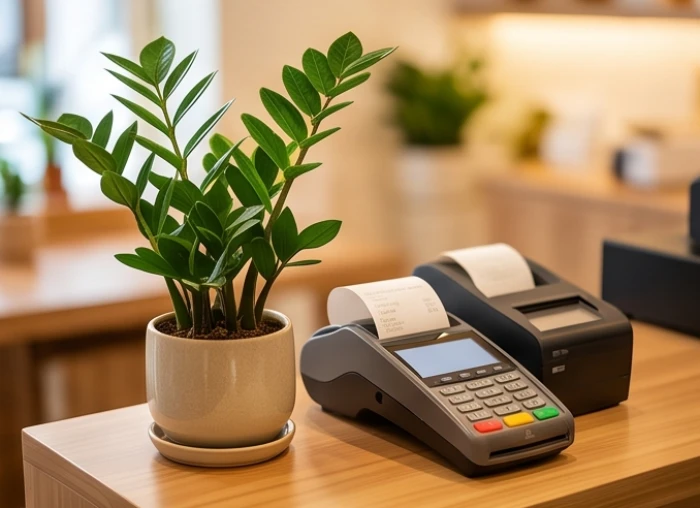 Một chậu cây kim tiền nhỏ nhắn đặt cạnh máy tính trên quầy thanh toán gọn gàng