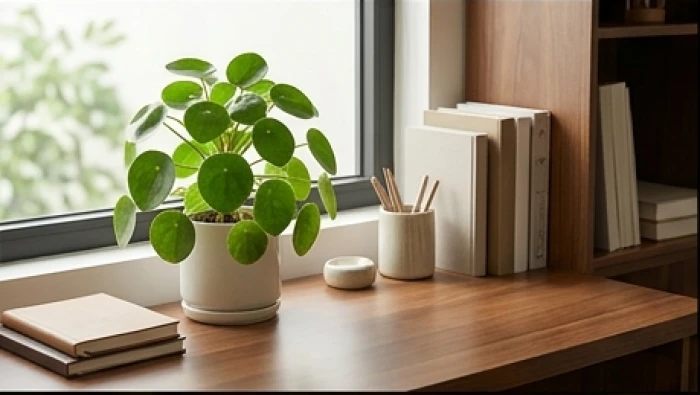Chậu cây kim tiền lá xanh tròn đặt trên bàn gỗ làm việc hướng Nam giúp thanh lọc và làm dịu luồng khí
