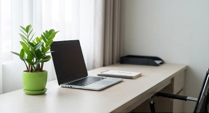 Chậu cây kim phát tài nhỏ xanh tươi đặt ở góc trái bàn làm việc hiện đại bên cạnh chiếc máy tính xách tay.