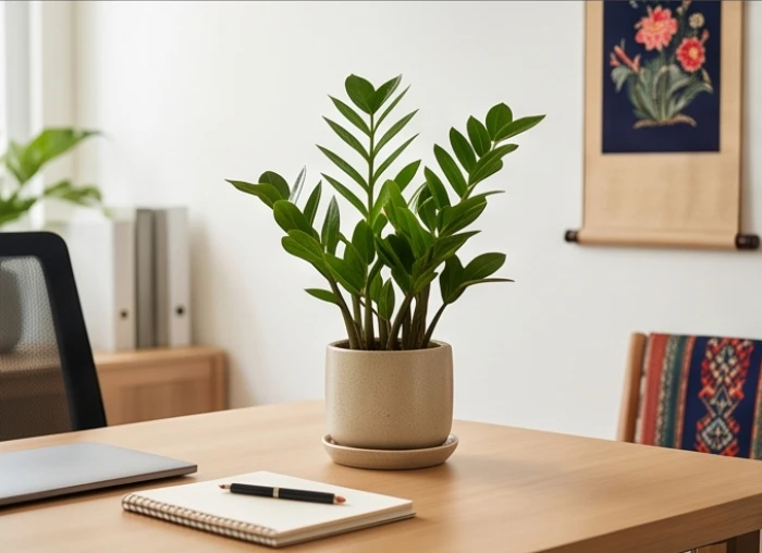 Chậu cây kim tiền nhỏ gọn được đặt tinh tế trên bàn làm việc gọn gàng tràn ngập ánh sáng tự nhiên