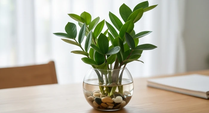 Chậu cây kim tiền thủy sinh lá xanh tươi xòe rộng đặt trên bàn làm việc gia chủ mệnh Mộc