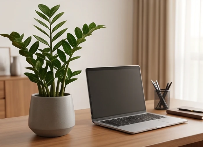 Chậu cây kim tiền nhỏ gọn xanh mướt cao dưới ba mươi cm đặt góc đông nam trên bàn làm việc văn phòng