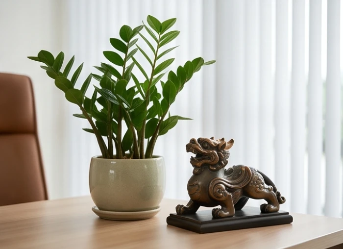 Chậu cây kim tiền xanh tốt và tượng tỳ hưu đặt trang trọng trên bàn làm việc của chủ doanh nghiệp