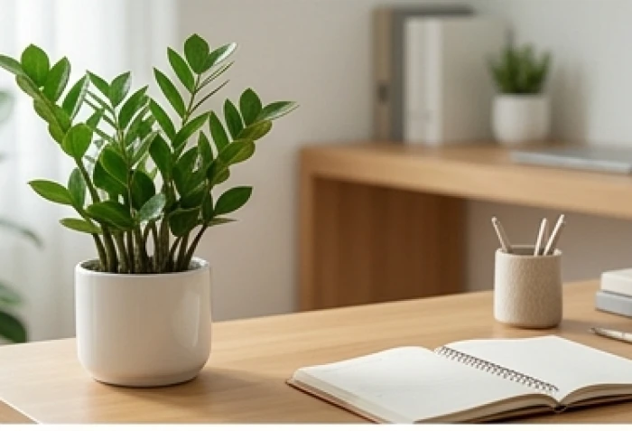 Chậu cây Kim Tiền xanh tốt đặt cạnh bàn làm việc gỗ tự nhiên cho người tuổi Đinh Mão 1987 trợ vận