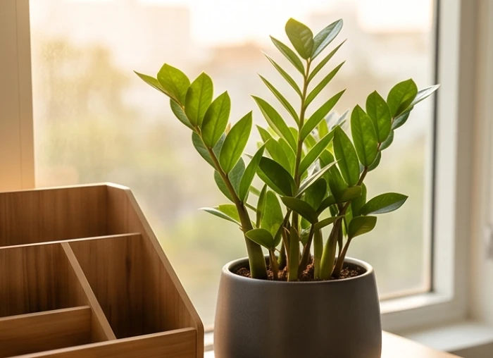 Chậu cây Kim Tiền lá kép xanh bóng mượt vươn thẳng đặt trên góc bàn làm việc của người Tân Dậu