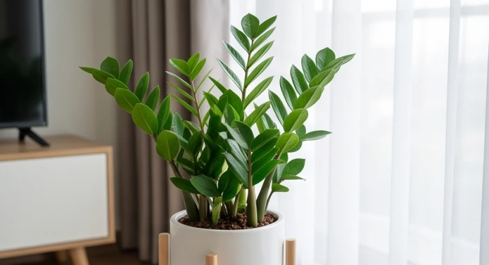 Chậu cây kim tiền thân thẳng tán kép xanh bóng đặt tại góc phòng khách sáng sủa