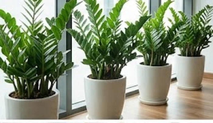 Bốn chậu cây kim tiền lá xanh tốt bố trí góc phòng làm việc giúp điều hòa năng lượng trong tam hợp tuổi mão