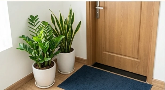 Chậu cây Kim Tiền xanh tốt và thảm trải sàn đặt cạnh cửa chính giúp trấn yểm sát khí phương vị hung