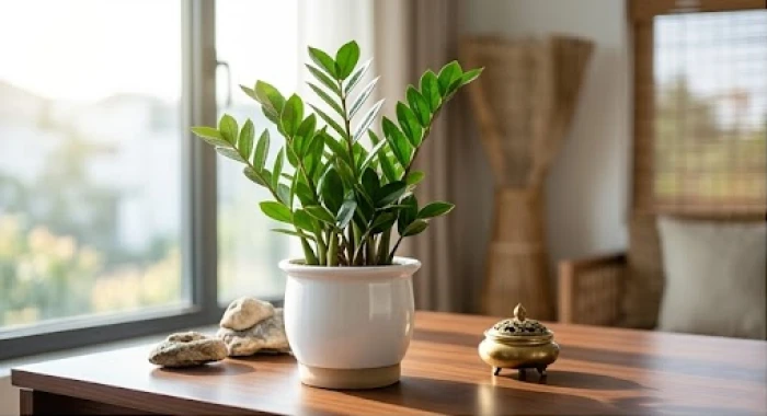 Chậu cây kim tiền xanh tốt đặt trên bàn làm việc giúp cân bằng trường năng lượng