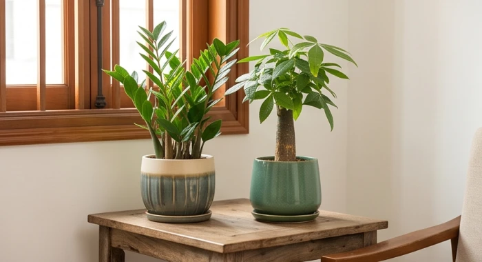 Chậu cây kim tiền kim ngân xanh mướt thuộc nhóm cây trồng trong nhà hợp tuổi ngọ đặt tại phòng khách