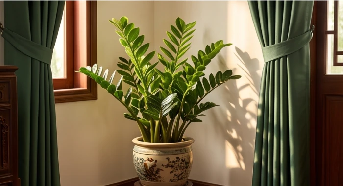Chậu cây kim tiền lá xanh tươi tốt được đặt ở góc phòng có treo rèm cửa màu xanh lá cây đậm