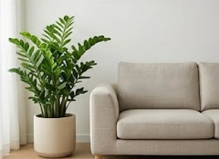 Chậu cây kim tiền lá xanh đặt tại góc phòng khách giúp hóa giải màu sơn tương khắc cho tuổi Hợi