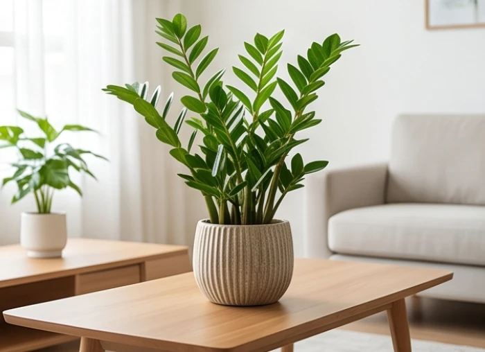 Chậu cây kim tiền xanh tươi đặt trên bàn trà phòng khách giúp hóa giải Thủy sát.