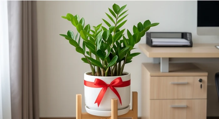 Chậu cây kim tiền lá xanh bóng được thắt thêm dải ruy băng đỏ quanh gốc đặt trên đôn gỗ