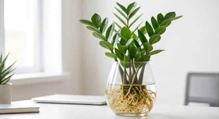 Cây kim tiền trồng thủy sinh trong bình thủy tinh trong suốt lộ rõ bộ rễ khỏe mạnh