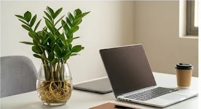 Chậu cây kim tiền trồng thủy sinh trong bình thủy tinh trong suốt đặt trên bàn làm việc