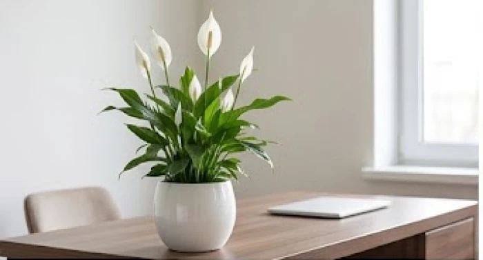Cây lan ý khỏe mạnh trồng trong chậu sứ trắng bóng đặt ở góc Tây Bắc trên bàn làm việc