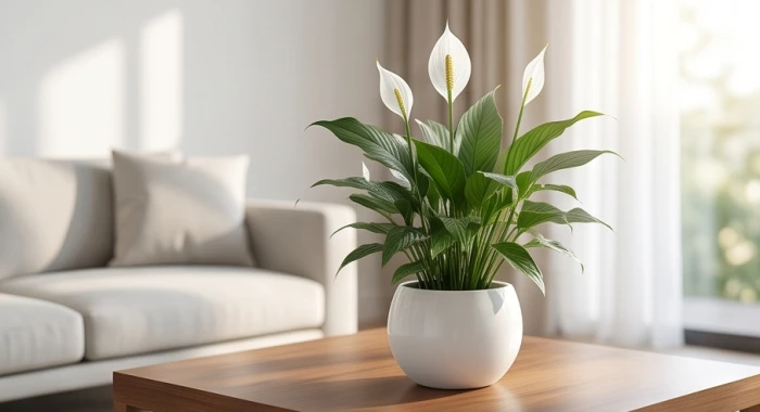 Chậu cây lan ý lá xanh viền sáng đặt trong chậu sứ trắng sang trọng trên bàn phòng khách