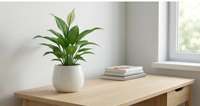 Chậu cây lan ý nhỏ xanh tươi được đặt ở góc trái của bàn học giúp thanh lọc không khí và điều hòa năng lượng