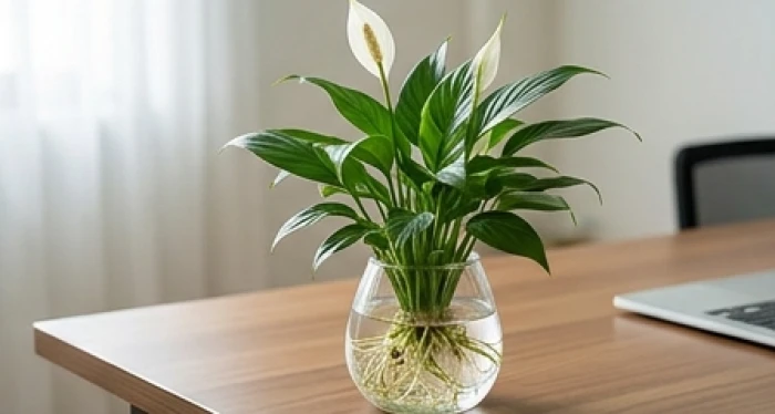 Chậu cây Lan Ý trồng trong bình thủy tinh trong suốt đặt tại góc bàn làm việc gỗ hướng Bắc giúp điều hòa độ ẩm