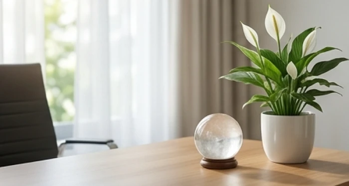 Chậu hoa lan ý trắng thanh nhã đặt bên góc phải bàn làm việc cạnh quả cầu thạch anh phong thủy