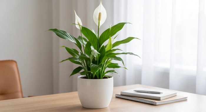Chậu cây lan ý hoa trắng muốt nở rộ đặt trên góc bàn làm việc gỗ cạnh sổ tay và tài liệu gọn gàng