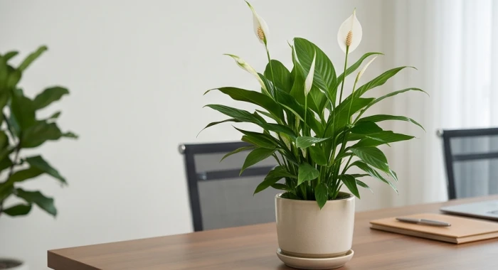 Chậu cây Lan Ý xanh tốt đặt ở góc Tây Bắc bàn làm việc giúp thu hút cát khí cho người mệnh Kim