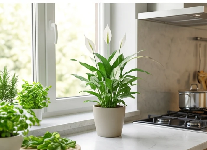 Chậu cây lan ý trắng tinh khôi đặt trên bệ cửa sổ nhà bếp cách xa bếp nấu giúp thanh lọc không khí và khử mùi dầu mỡ
