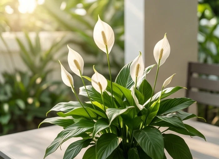 Chậu lan ý nở hoa trắng muốt với bộ lá thon dài xanh mướt tắm mình trong ánh nắng nhẹ buổi sáng