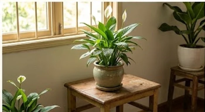 Chậu cây lan ý xanh tươi được đặt trên bàn nhỏ gần cửa sổ giúp thanh lọc không khí tự nhiên cho phòng ngủ