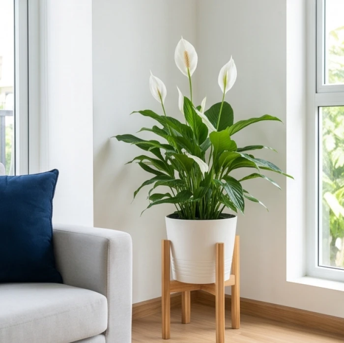 Chậu cây Lan Ý hoa trắng tươi tốt đặt trên đôn gỗ cao góc phòng đón sinh khí cho gia chủ mệnh Giản Hạ Thủy 1996