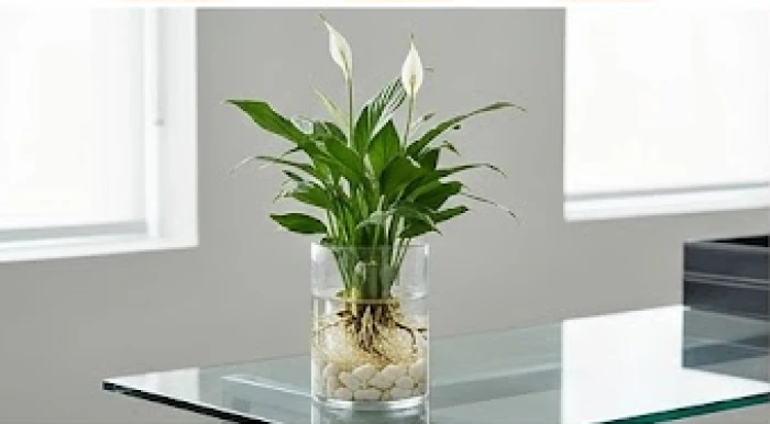Chậu lan ý thủy canh hoa trắng rễ trong suốt cùng sỏi trắng đặt trên bàn làm việc người mệnh Thủy