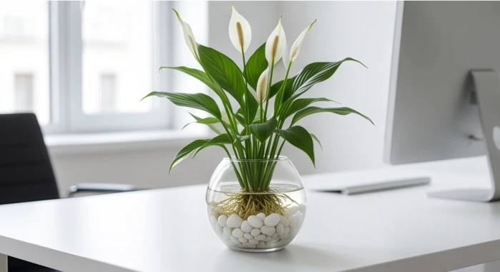 Chậu lan ý thủy sinh rễ ngập trong bình thủy tinh trắng giúp gia tăng năng lượng Kim Thủy