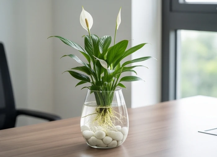 Chậu cây Lan Ý thủy sinh với bộ rễ trắng muốt trồng trong bình thủy tinh có sỏi trắng đặt trên bàn